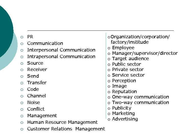 ¡ ¡ ¡ ¡ PR Communication Interpersonal Communication Intrapersonal Communication Source Receiver Send Transfer