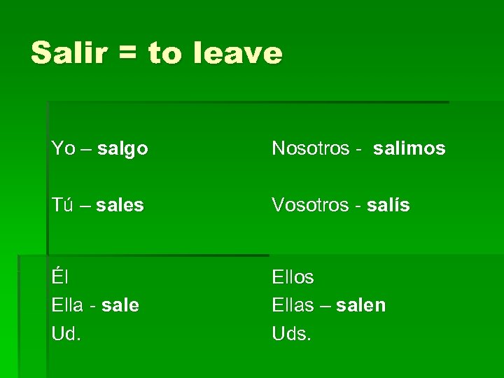 Salir = to leave Yo – salgo Nosotros - salimos Tú – sales Vosotros