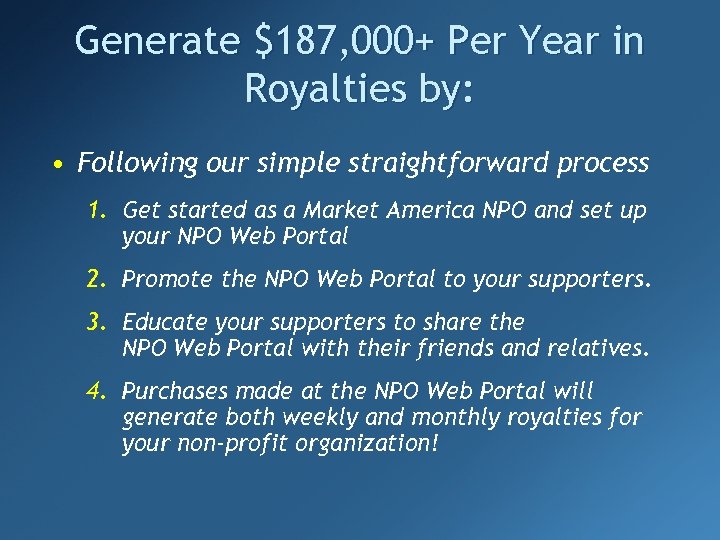 Generate $187, 000+ Per Year in Royalties by: • Following our simple straightforward process