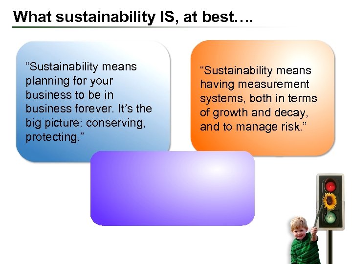What sustainability IS, at best…. “Sustainability means planning for your business to be in