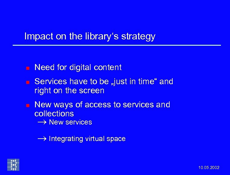 Impact on the library‘s strategy n n n Need for digital content Services have