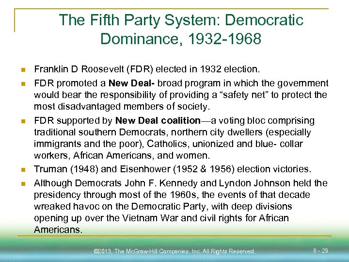 The Fifth Party System: Democratic Dominance, 1932 -1968 n n n Franklin D Roosevelt