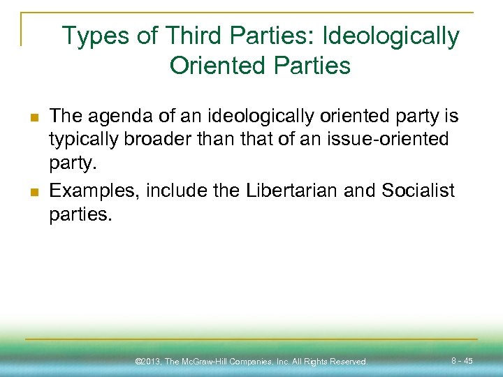Types of Third Parties: Ideologically Oriented Parties n n The agenda of an ideologically