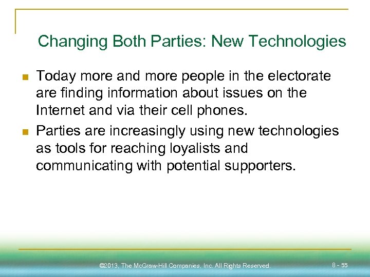 Changing Both Parties: New Technologies n n Today more and more people in the