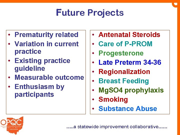 Future Projects • Prematurity related • Variation in current practice • Existing practice guideline