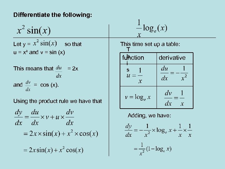 Differentiate the following: Let y = so that u = x² and v =
