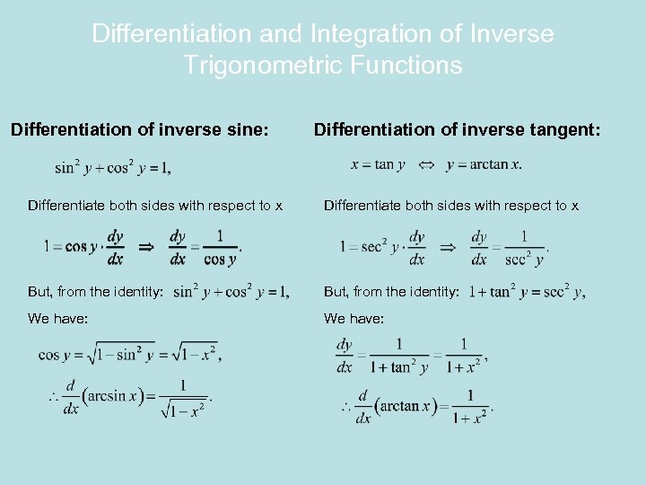Differentiation and Integration of Inverse Trigonometric Functions Differentiation of inverse sine: Differentiation of inverse