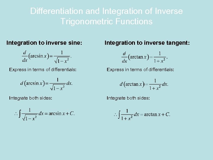 Differentiation and Integration of Inverse Trigonometric Functions Integration to inverse sine: Integration to inverse