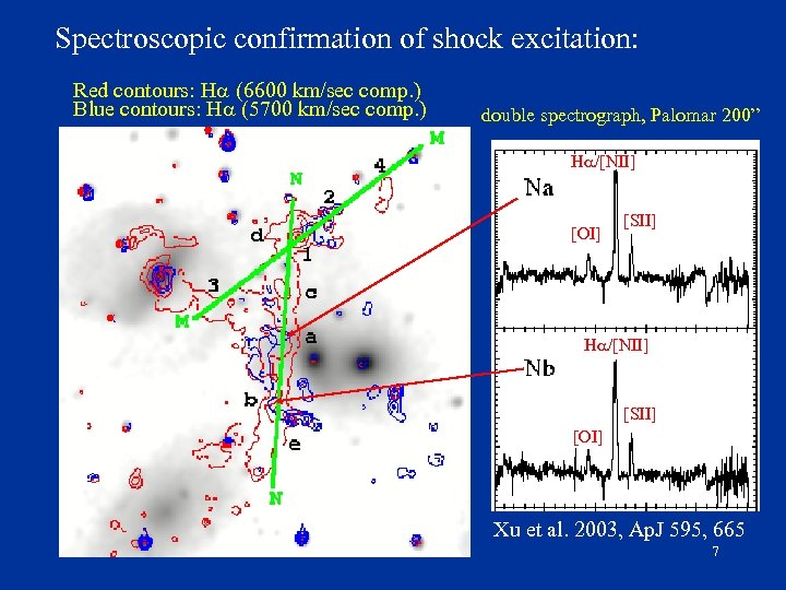 Spectroscopic confirmation of shock excitation: Red contours: H (6600 km/sec comp. ) Blue contours: