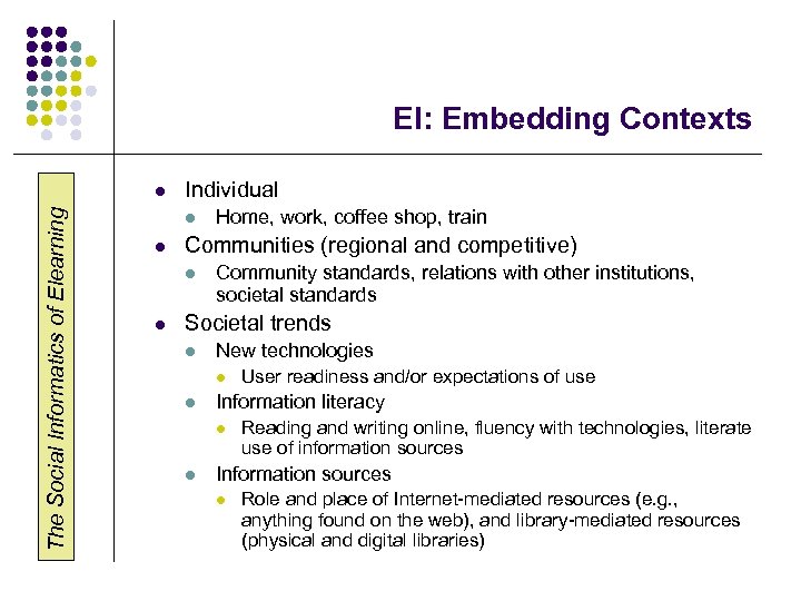 EI: Embedding Contexts The Social Informatics of Elearning l Individual l l Communities (regional