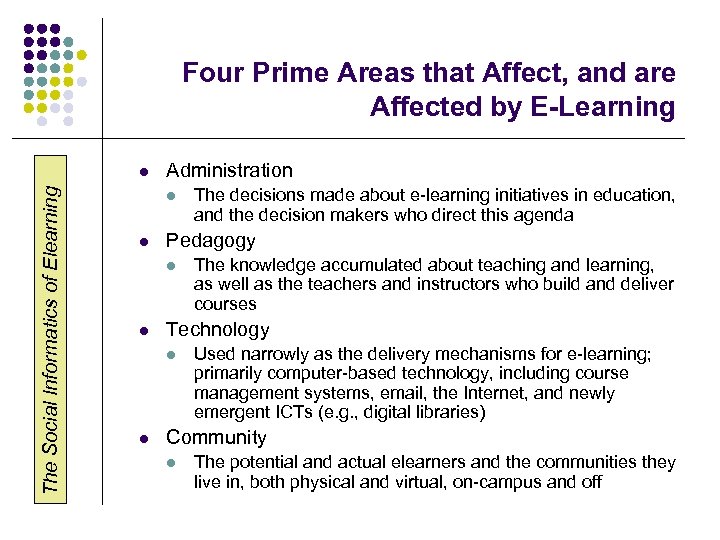 Four Prime Areas that Affect, and are Affected by E-Learning The Social Informatics of