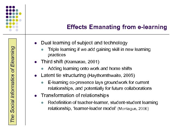 Effects Emanating from e-learning The Social Informatics of Elearning l Dual learning of subject