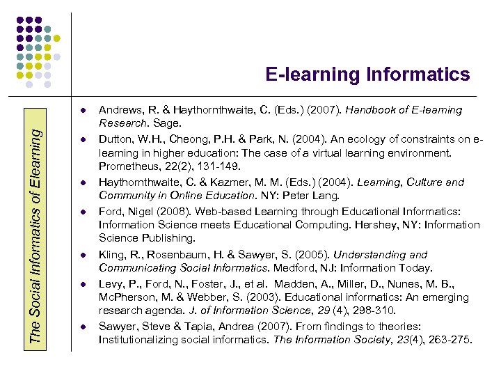 E-learning Informatics The Social Informatics of Elearning l l l l Andrews, R. &