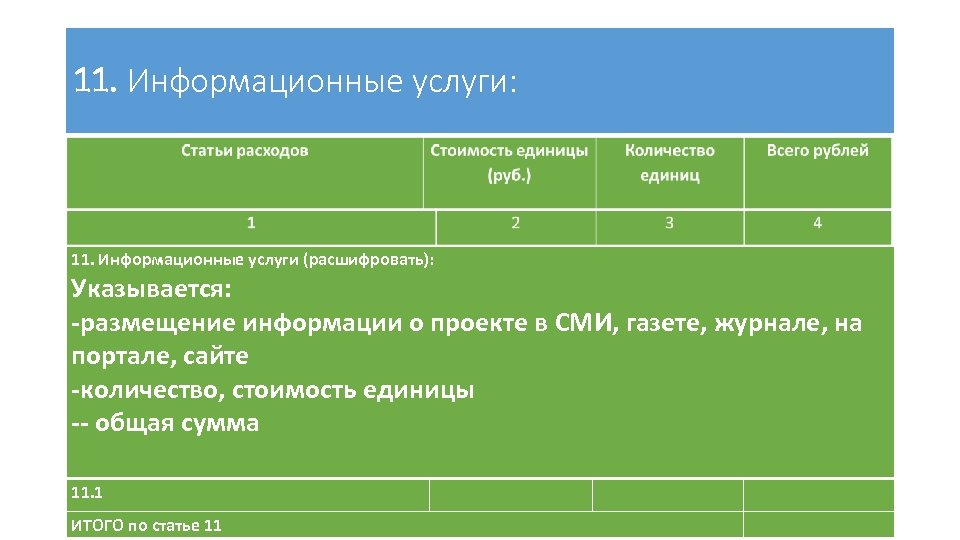 11. Информационные услуги: 11. Информационные услуги (расшифровать): Указывается: -размещение информации о проекте в СМИ,