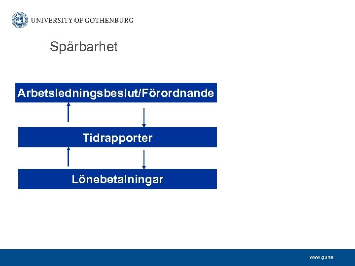 Spårbarhet Arbetsledningsbeslut/Förordnande Tidrapporter Lönebetalningar www. gu. se 