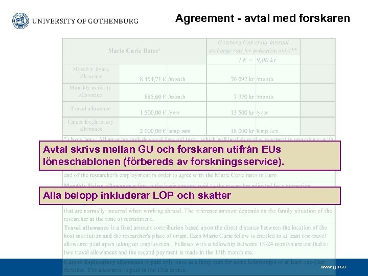 Agreement - avtal med forskaren Avtal skrivs mellan GU och forskaren utifrån EUs löneschablonen