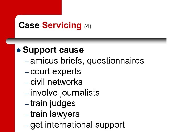 Case Servicing (4) Support cause – amicus briefs, questionnaires – court experts – civil