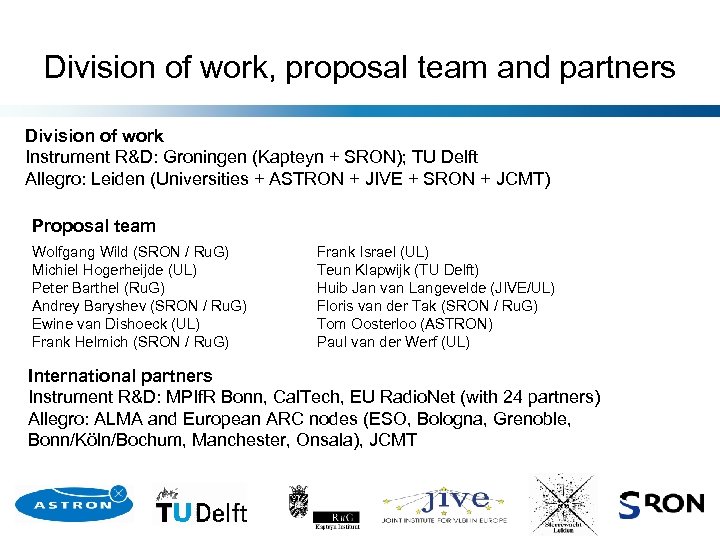 Division of work, proposal team and partners Division of work Instrument R&D: Groningen (Kapteyn