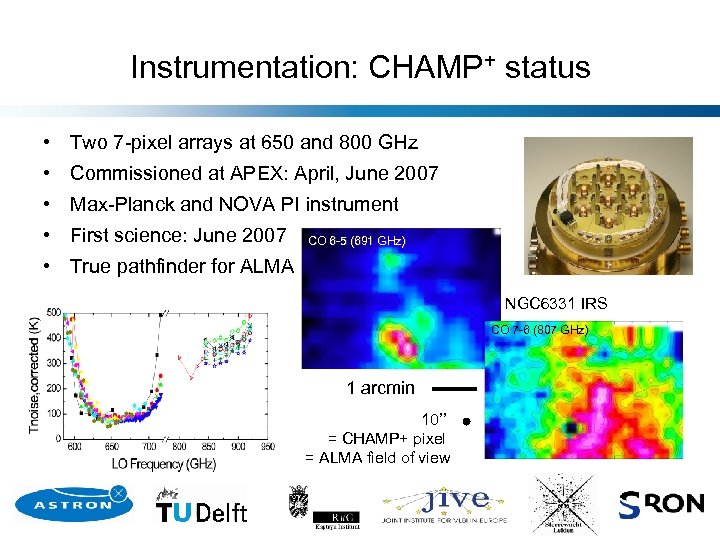 Instrumentation: CHAMP+ status • Two 7 -pixel arrays at 650 and 800 GHz •