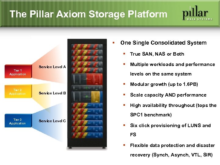 The Pillar Axiom Storage Platform § One Single Consolidated System § True SAN, NAS