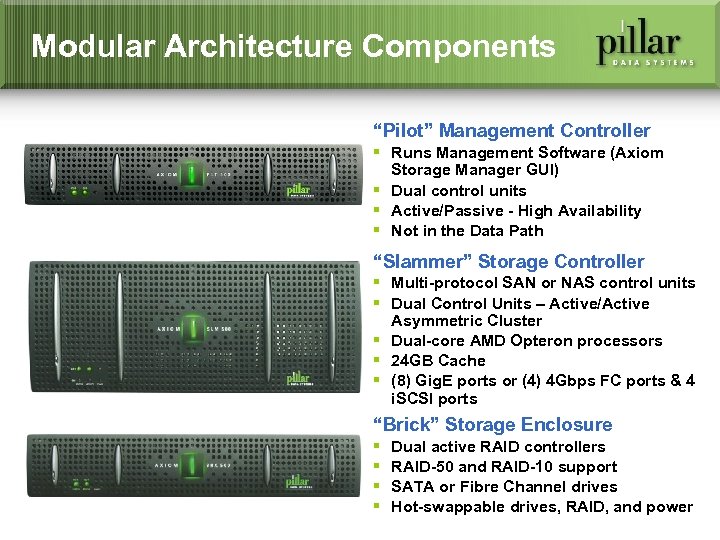 Modular Architecture Components “Pilot” Management Controller § Runs Management Software (Axiom Storage Manager GUI)