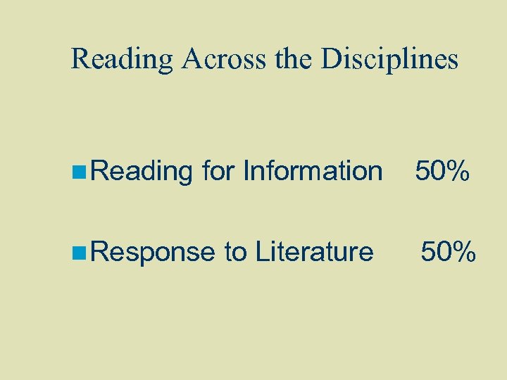 Reading Across the Disciplines n Reading for Information n Response to Literature 50% 