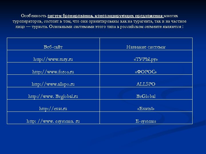 Особенность систем бронирования, консолидирующих предложения многих туроператоров, состоит в том, что они ориентированы как