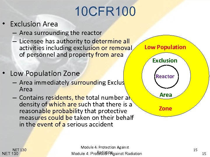 10 CFR 100 • Exclusion Area – Area surrounding the reactor – Licensee has