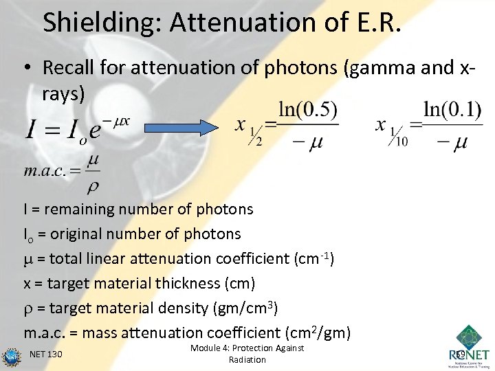 Shielding: Attenuation of E. R. • Recall for attenuation of photons (gamma and xrays)