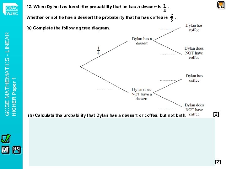 12. When Dylan has lunch the probability that he has a dessert is 1.