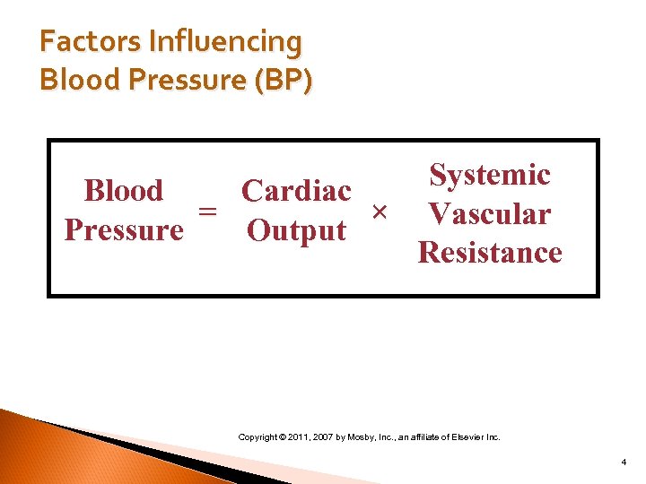 Factors Influencing Blood Pressure (BP) Systemic Blood Cardiac = × Vascular Pressure Output Resistance