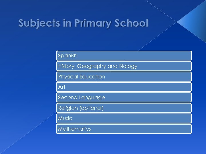 Subjects in Primary School Spanish History, Geography and Biology Physical Education Art Second Language