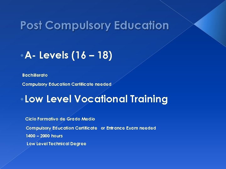 Post Compulsory Education • A- Levels (16 – 18) Bachillerato Compulsory Education Certificate needed