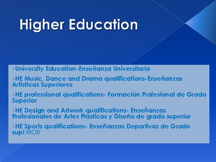 Higher Education • University Education-Enseñanza Universitaria • HE Music, Dance and Drama qualifications-Enseñanzas Artísticas