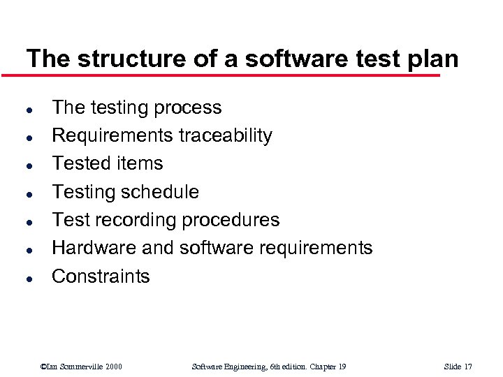 The structure of a software test plan l l l l The testing process