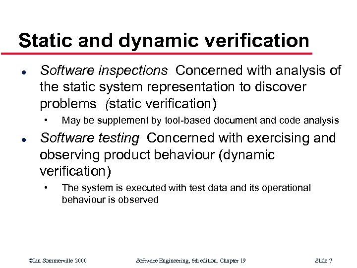 Static and dynamic verification l Software inspections Concerned with analysis of the static system