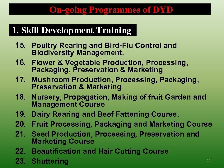  On-going Programmes of DYD 1. Skill Development Training 15. Poultry Rearing and Bird-Flu