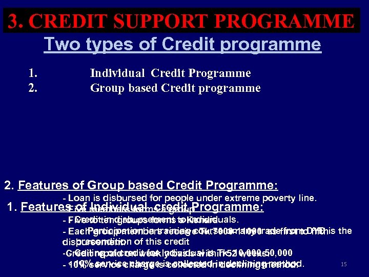 3. CREDIT SUPPORT PROGRAMME Two types of Credit programme 1. 2. Individual Credit Programme