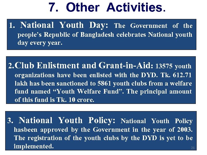 7. Other Activities. 1. National Youth Day: The Government of the people’s Republic of