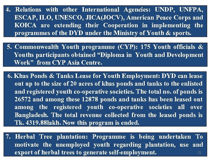 4. Relations with other International Agencies: UNDP, UNFPA, ESCAP, ILO, UNESCO, JICA(JOCV), American Peace