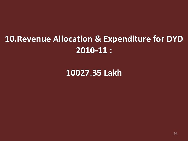 10. Revenue Allocation & Expenditure for DYD 2010 -11 : 10027. 35 Lakh 26