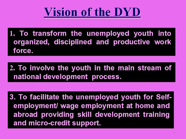 Vision of the DYD 1. To transform the unemployed youth into organized, disciplined and