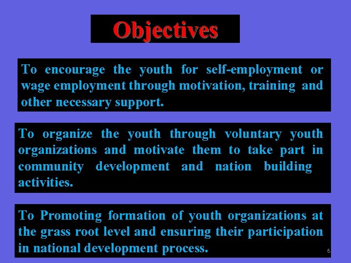 Objectives To encourage the youth for self-employment or wage employment through motivation, training and