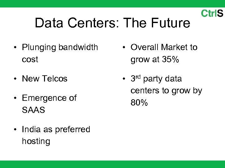 Data Centers: The Future • Plunging bandwidth cost • Overall Market to grow at