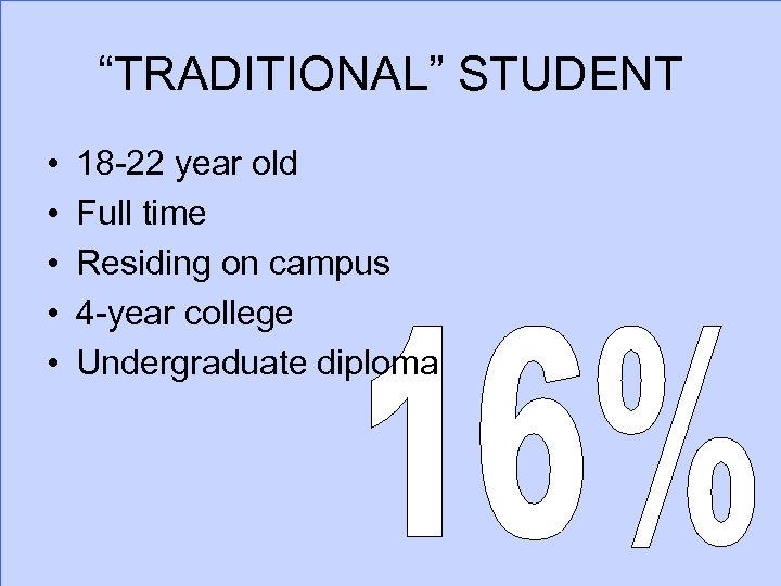 “TRADITIONAL” STUDENT • • • 18 -22 year old Full time Residing on campus