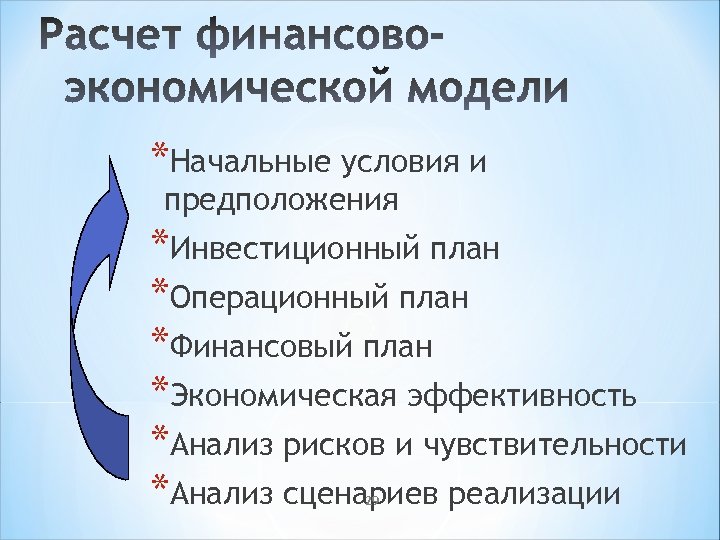 *Начальные условия и предположения *Инвестиционный план *Операционный план *Финансовый план *Экономическая эффективность *Анализ рисков