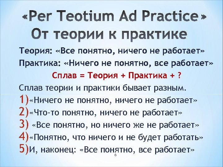 Теория: «Все понятно, ничего не работает» Практика: «Ничего не понятно, все работает» Сплав =
