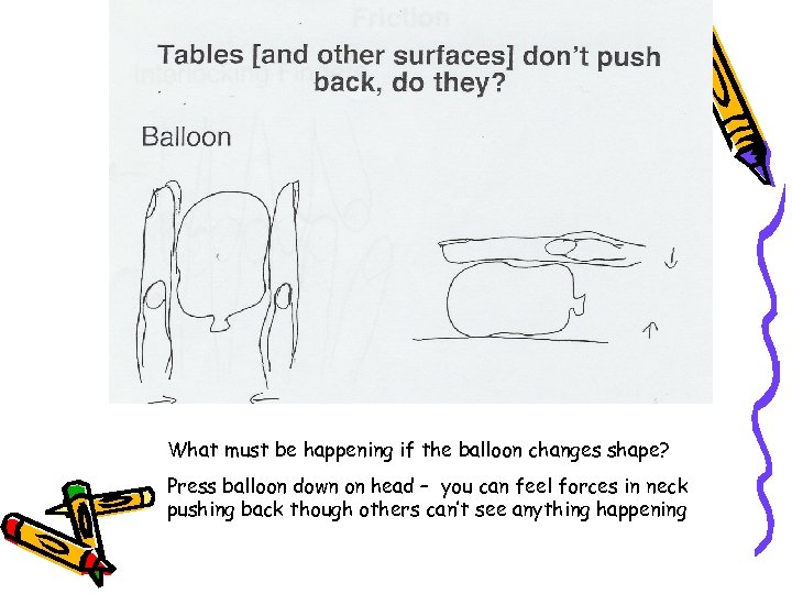 What must be happening if the balloon changes shape? Press balloon down on head