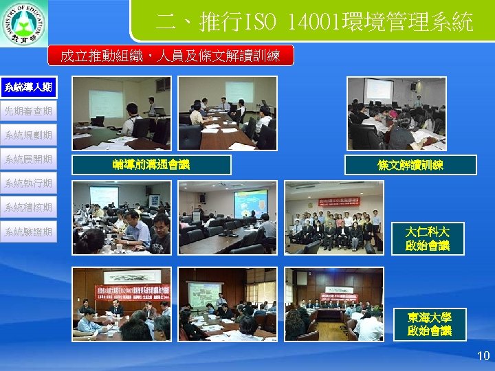 二、推行ISO 14001環境管理系統 成立推動組織，人員及條文解讀訓練 系統導入期 先期審查期 系統規劃期 系統展開期 輔導前溝通會議 條文解讀訓練 系統執行期 系統稽核期 系統驗證期 大仁科大 啟始會議