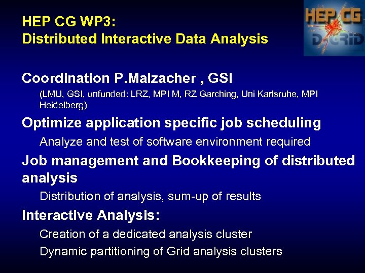 HEP CG WP 3: Distributed Interactive Data Analysis Coordination P. Malzacher , GSI (LMU,